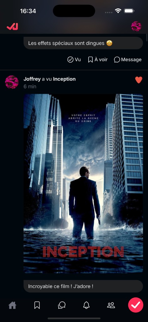 Fil d'activité VU montrant un film vu par un ami
